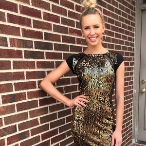 Express gold and black sequin dress
